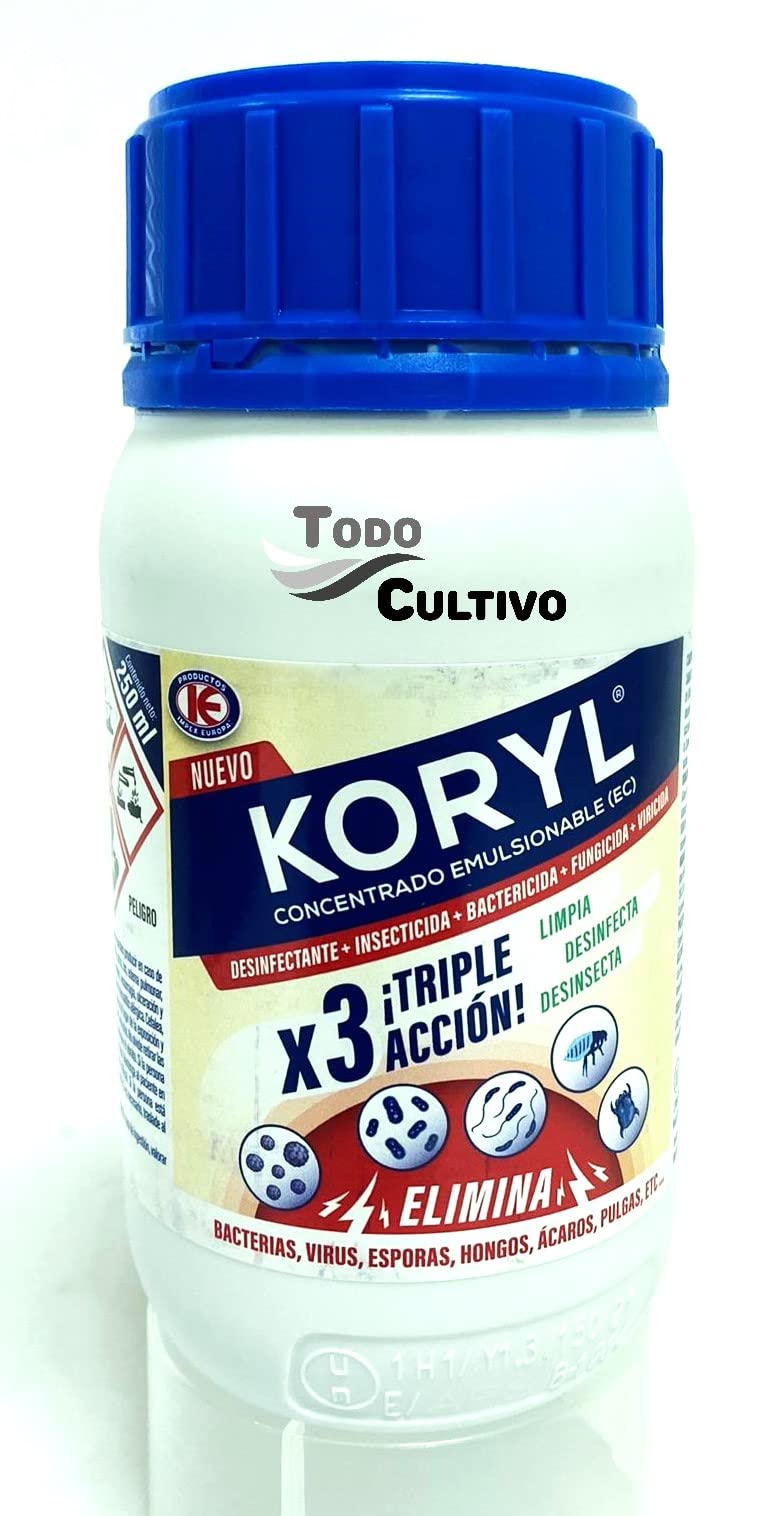 Koryl triple accion. 250ml. Potente desinfectante, desinsectante, bactericida, fungicida a base CIPERMETRINA 10%, GLUTARALDEHÍDO 15% y CLORURO de DIDECILDIMETILAMONIO 10%