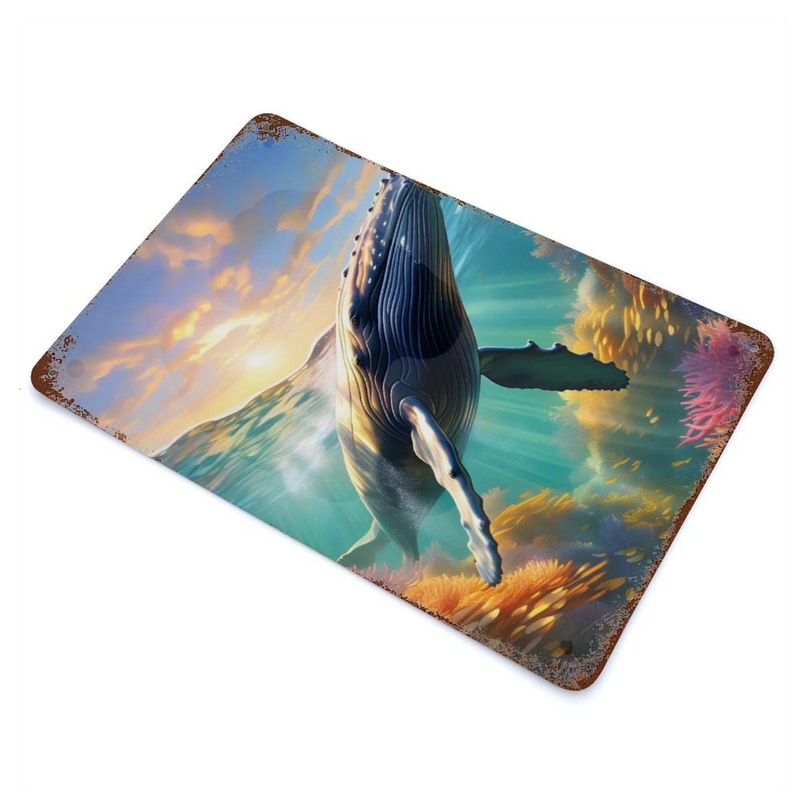 Retro Metal Sign with Humpback Whale Swimming Design 11.8"x7.9", for Living Room, Hallway And Home Decor, Farmhouse Wall Decor