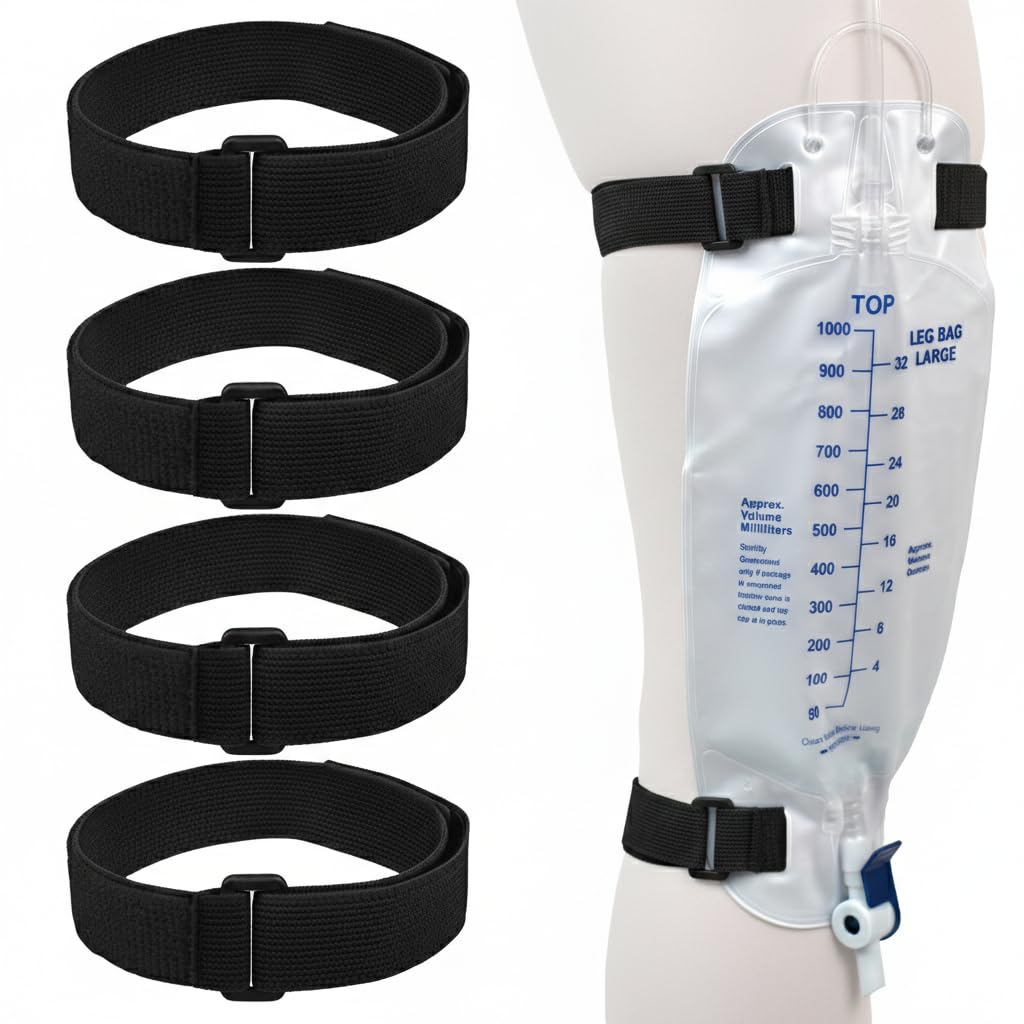 4 Packs Leg Bag Straps(Black), Buckle-Type Hook and Loop Strap,Urine Drainage Bag Strap Catheter Leg Bag Straps with Soft Elastic Fabric Comfortable Silicone Grips for Men Women