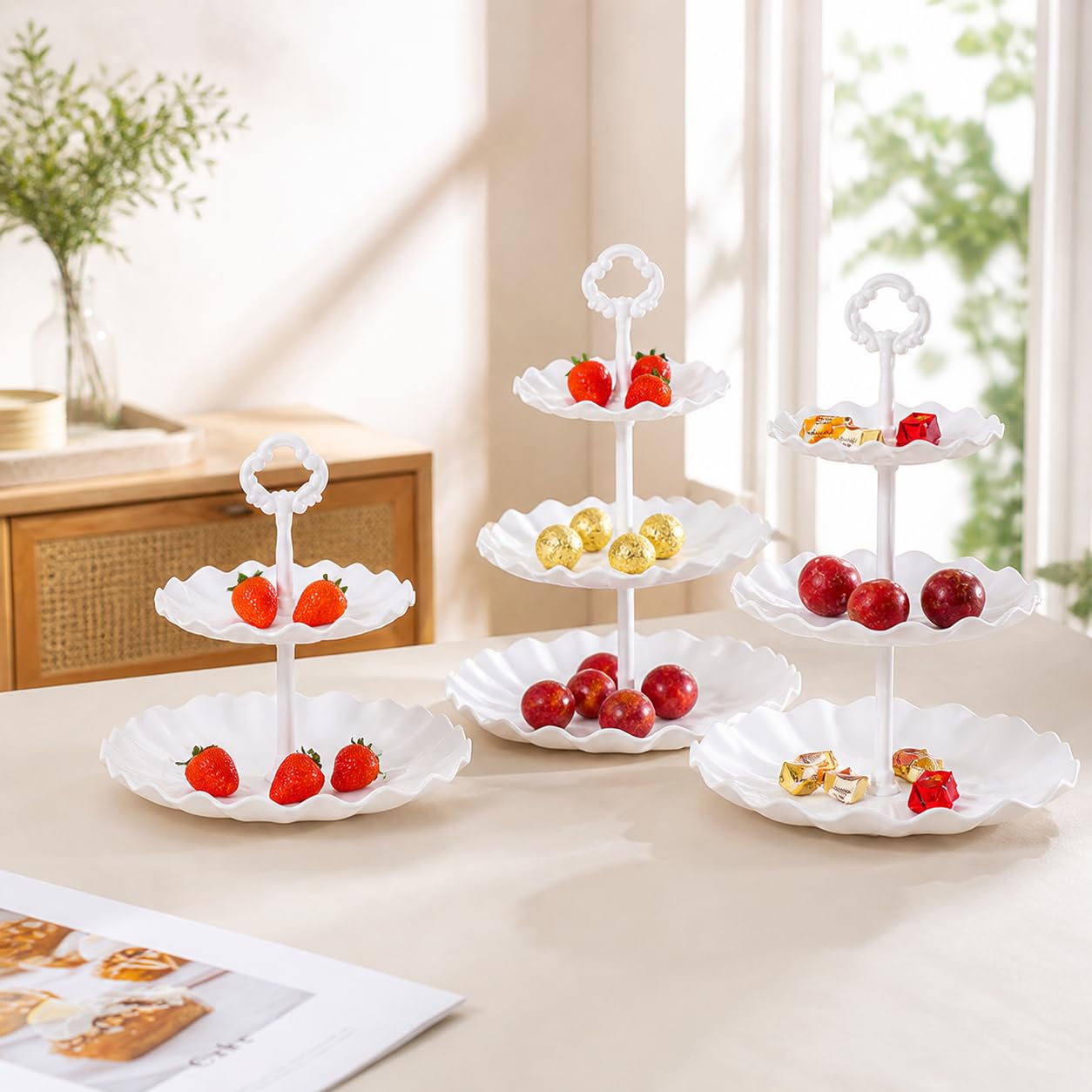 Alzatina Cucina a 3 Piani, Vassoio da Portata Rettangolare per Dolci e Frutta, Alzate per Buffet e Feste, Supporto per dessert a 3 livelli con 2 vassoi rettangolari e 2 vassoi quadrati