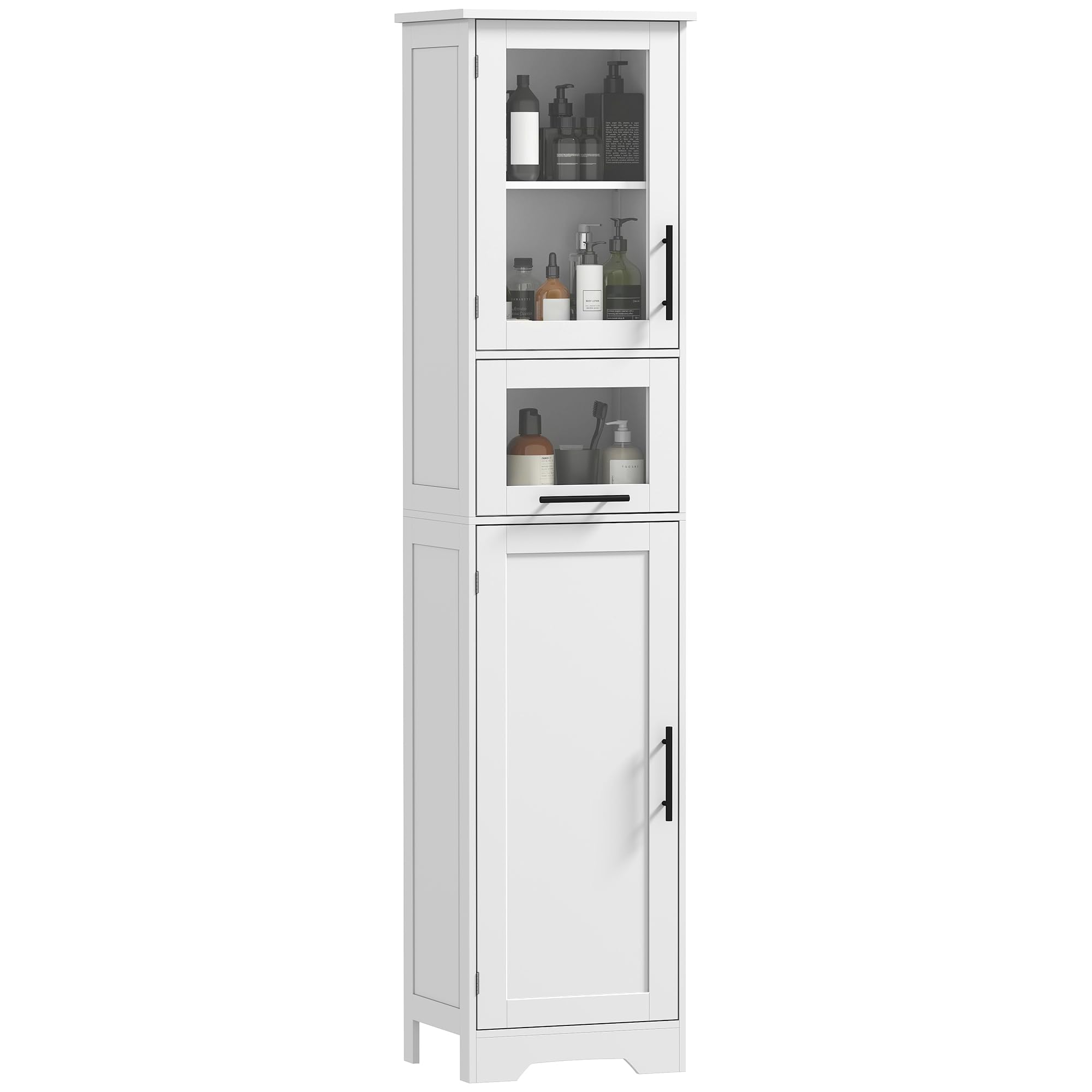 HOMCOM Armario de Baño Alto de Pie con Puerta Vidrio 40x31x170 cm Blanco | Mueble Auxiliar de Baño, Estantes Ajustables, Cajón, Columna Estrecha para Espacios Pequeños