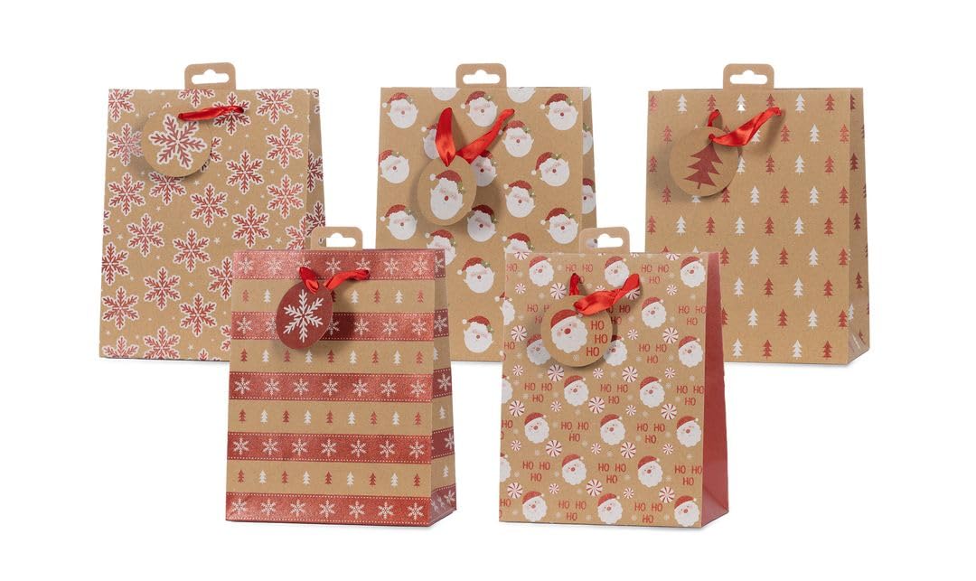 Laro Premium Line Geschenktüten Weihnachten/Kraftpapier/Braun/Rot 10/20/40/100stk Größe: H23x B18x T10x cm Medium, Anzahl:40, Muster Tüten:Weihnachten Kraftpapier Braun Rot
