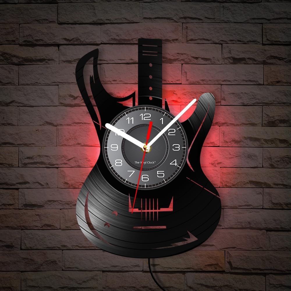 12 Inch Guitar Music Instrument LED Vinyl Record Wall Clock with 7 Luminous Modes, Silent Quartz Non Ticking Modern Decorative Night Light Musician Wall Clock for Music Room Music Studio