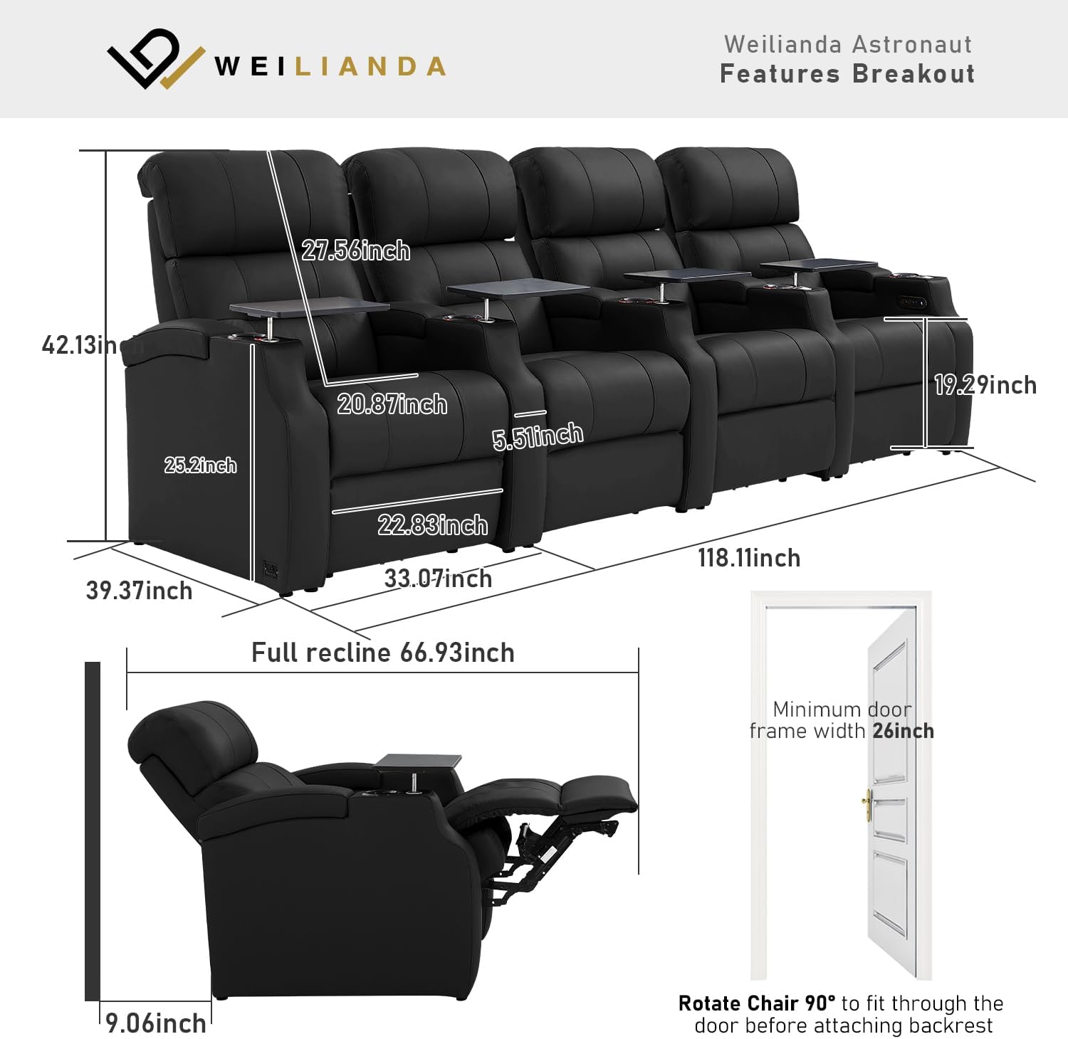 Weilianda Home Theater Seating, Top Grain Leather Sectional Seats Recliner Chair, Zero Gravity Reclining Sofa with Power Headrest 7 Colors Ambient Lighting USB C Charge Row of 4