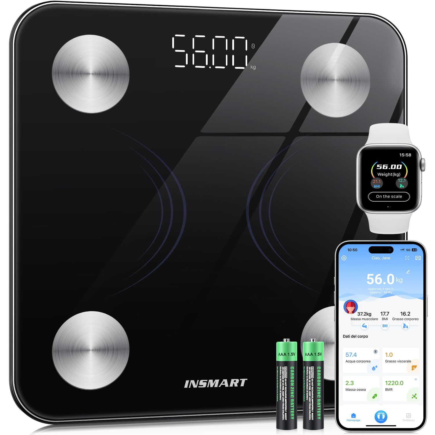 INSMART Bilancia Pesapersone Digitale Impedenziometrica Professionale: Pesa Persone Elettronica Precisa con Bioimpedenziometro,Misura Massa Magra e Grassa,Funzione e Tecnologia Smart per il Benessere