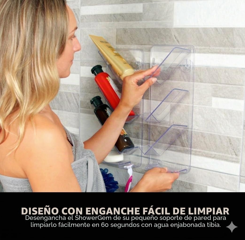 ShowerGem Estanteria Ducha Sin Taladro o Tornillos para Baño - Adhesivo Estantería Organizador con El Gancho Colgante para El Champú y Jabón - Fácil de Limpiar y Mantener