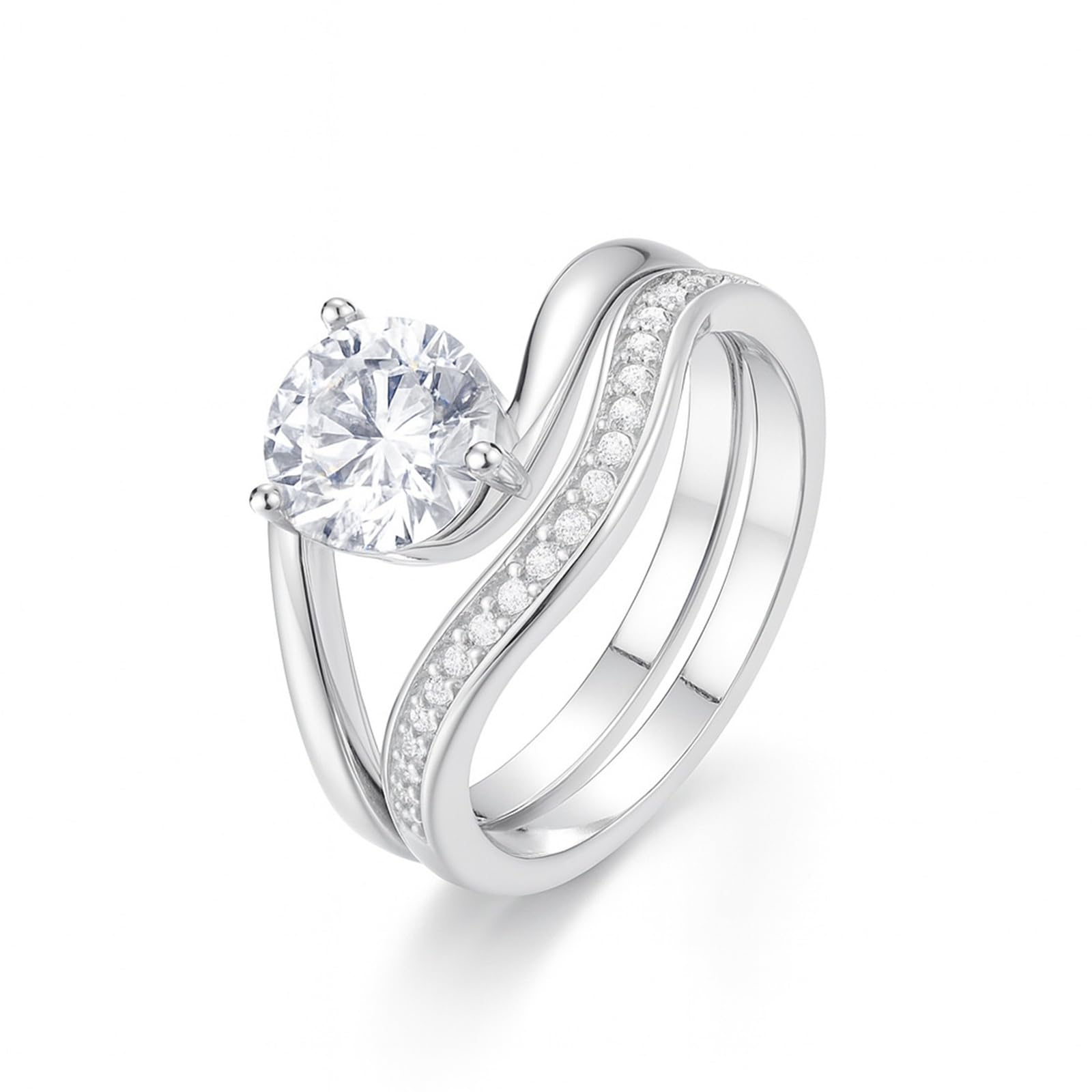 Verlobungsring für Damen Frauen, Frauen Gewelltes 2er-Ring-Set mit 6,5 mm Moissanit 1 ct