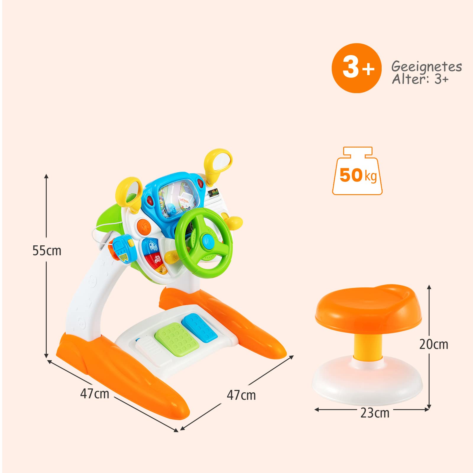 DREAMADE Musikspielzeug zum Cockpit-Thema, Spielzeug Kinder ab 3 Jahre, Lenkrad-Spielzeug mit zyklischer Drehszene, Musik, Sirenengeräuschen & Lichtern