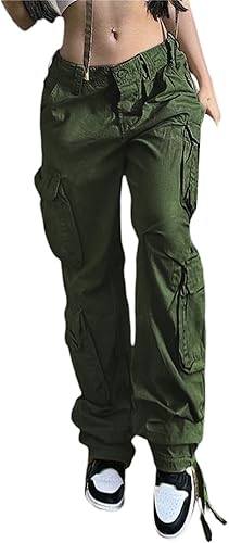 Awoscut Pantalones cargo Y2k para mujer, estilo casual, pierna recta, tiro alto, holgados, con múltiples bolsillos, ropa de calle