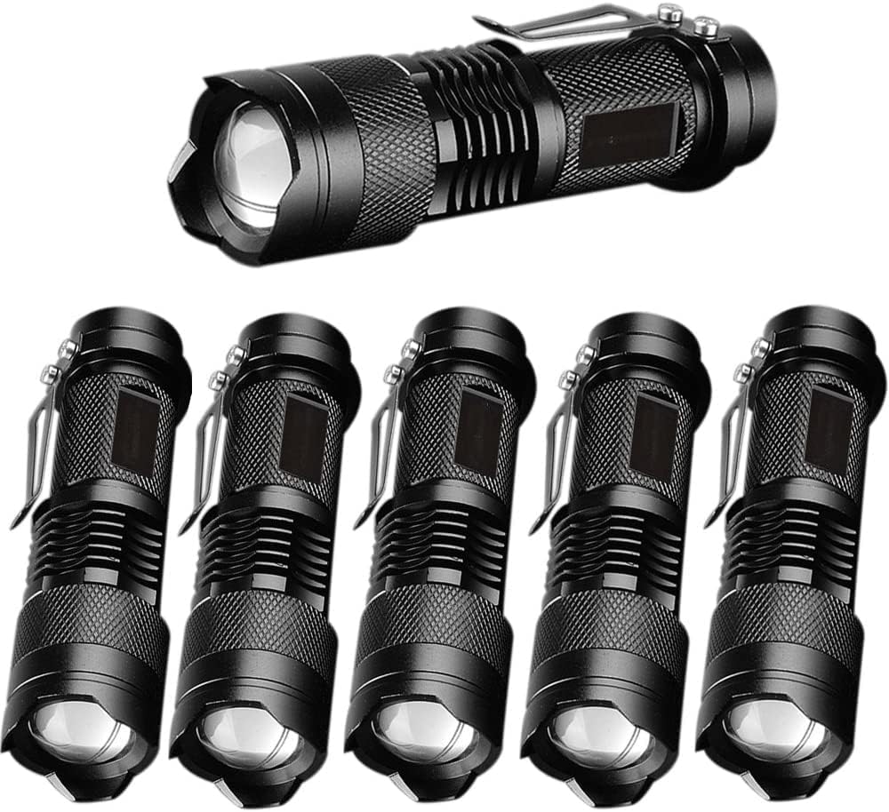 MODOAO 6 Pack Mini Flashlights LED Flashlight 7W 300LM 3 Mode Flashlight Torch Adjustable Focus Zoomable Light,Skid-Proof Design & Waterproof Design (Black)