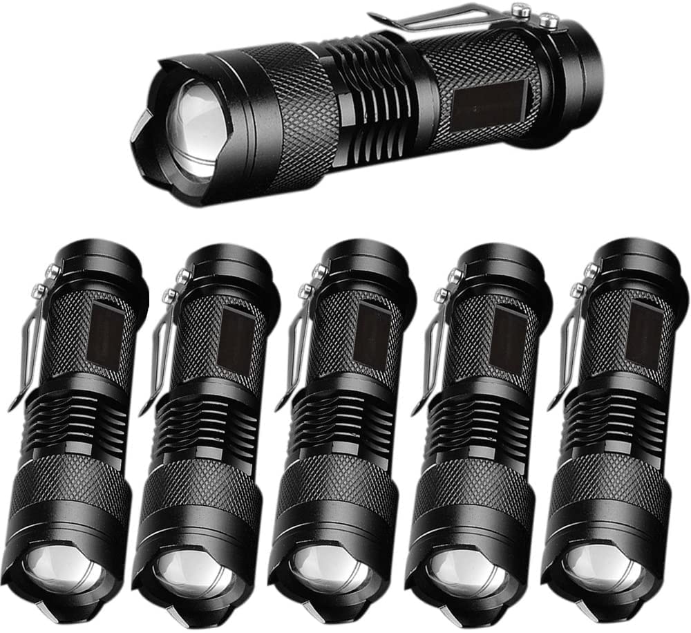 MODOAO 6 Pack Mini Flashlights LED Flashlight 7W 300LM 3 Mode Flashlight Torch Adjustable Focus Zoomable Light,Skid-Proof Design & Waterproof Design (Black)