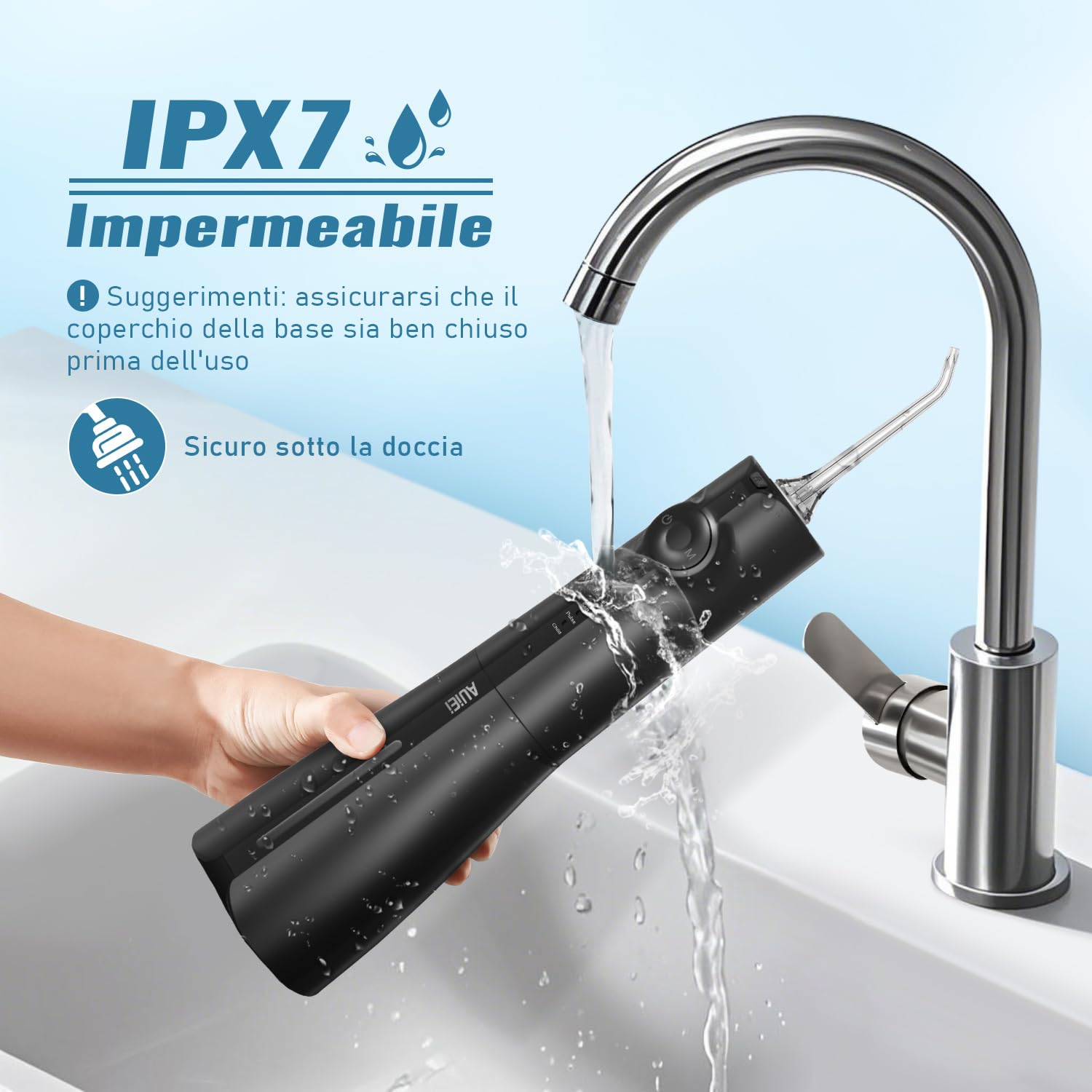 AUIEI Idropulsore dentale senza fili, irrigatore orale con 5 modalità e 8 ugelli, water flosser elettrico impermeabile IPX7 con serbatoio da 300 ml per casa e viaggio (Nero)