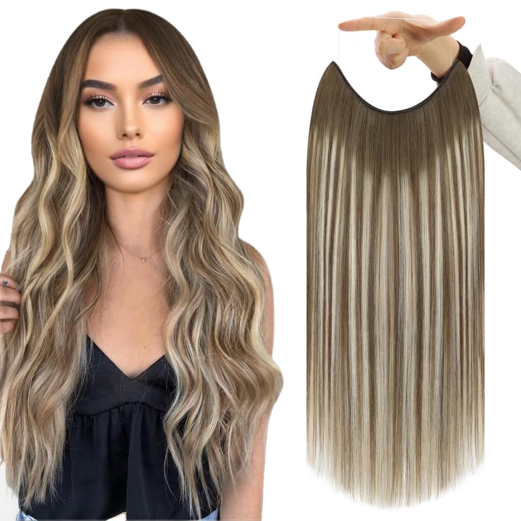 Fshine Invisible Wire Extensions Real Human Hair 18 Inch 86 G Chestnut Brown Balayage Platinum Blonde to Brrown Secret Hairpiece Removable Clip in One