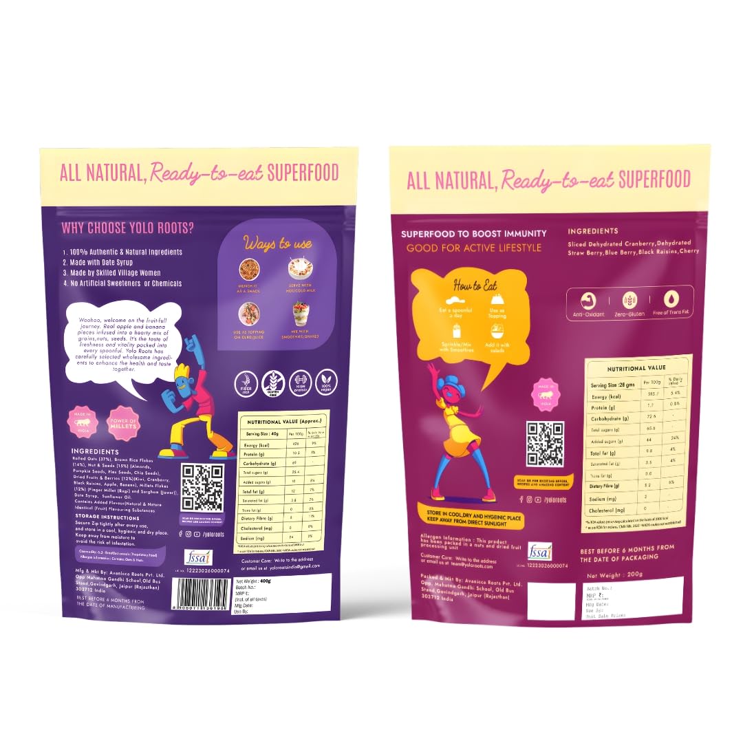 Yolo Roots Fruits & Nuts Muesli 400g & 5-in-1 Mix Berries 200g Combo, No Added Sugar, High Fiber Breakfast Cereal & Antioxidant Rich Dry Fruits, Healthy Snack with Oats (Pack of 2)