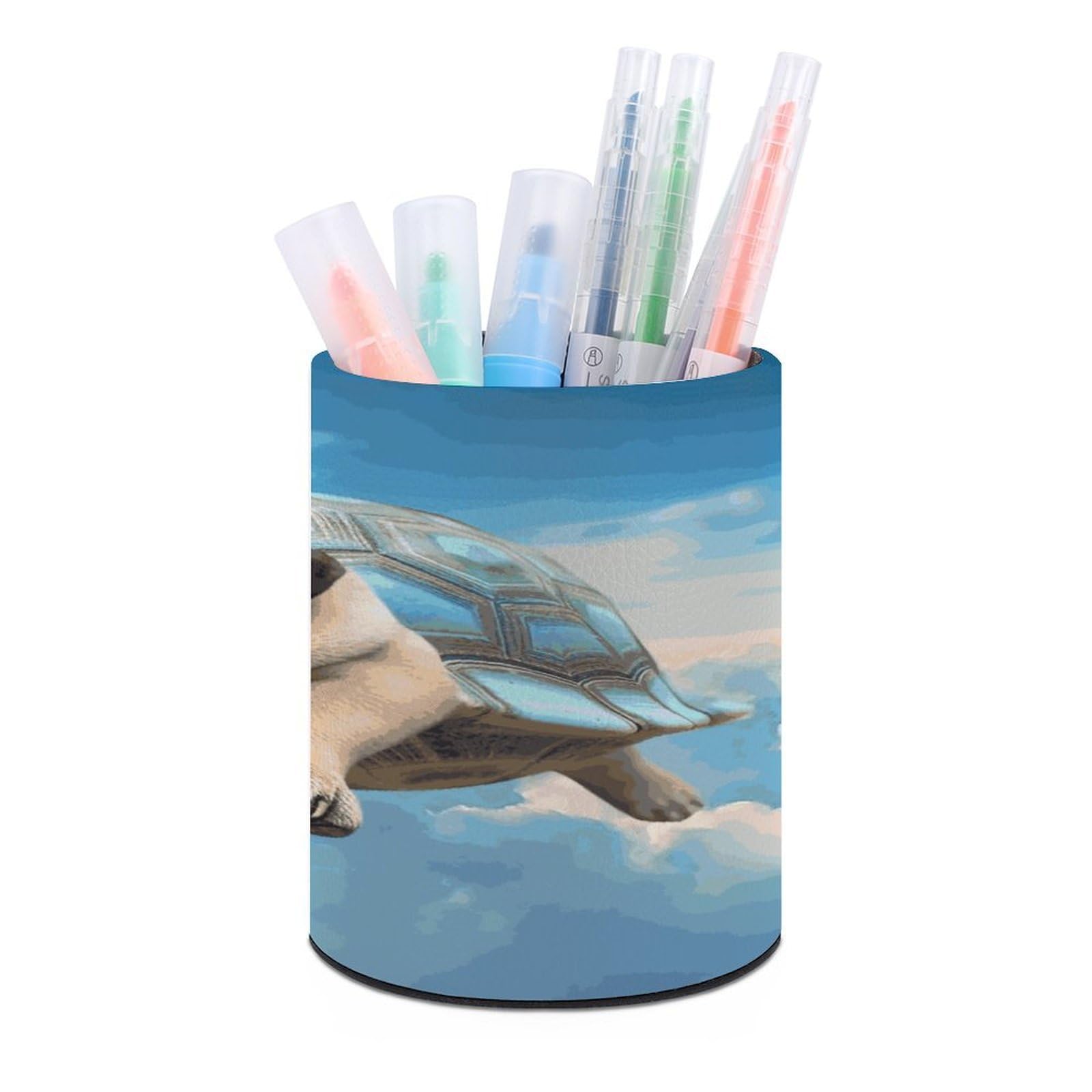 JTREHY Funny Turtle Pug Dog in The Sky Pen Holder Round Pen Pencil Holder Makeup Brush Holders Cup PU Leather Pencil Cups Desktop Caddy Stationery Organizer Case Office Accessories Container Box