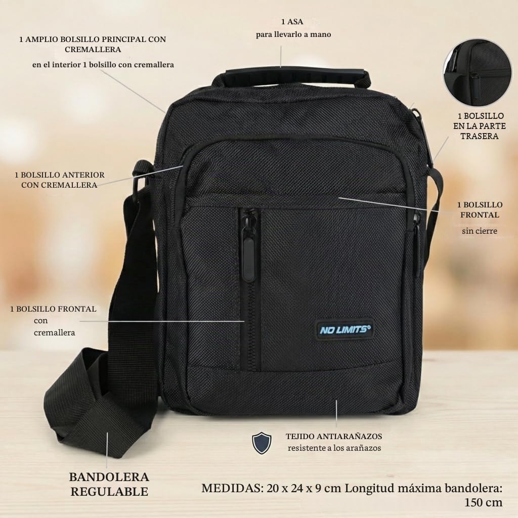 No Limits Bolso bandolera ajustable para hombre, tejido antiarañazos, diseño deportivo, multibolsillos, para viajes, trabajo y tiempo libre