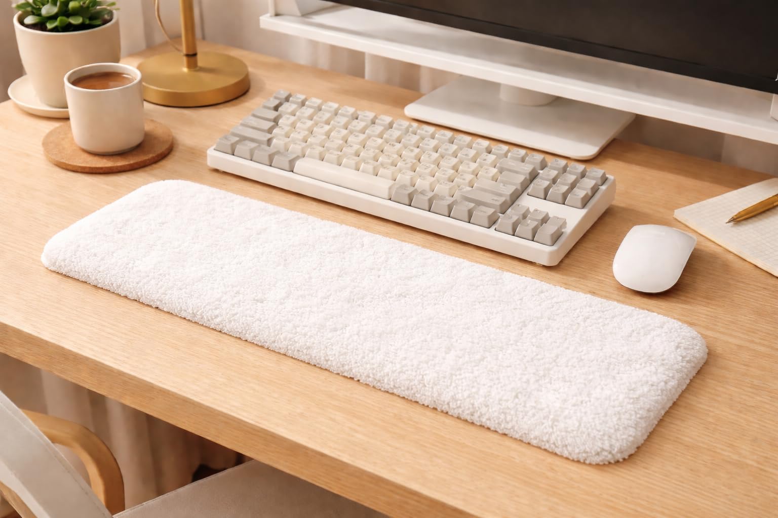 Plush Keyboard Wrist Rest Pad with Memory Foam, White Shaggy Microfiber Polyester Ergonomic Support for Office & Home Desk, 46 x 13 cm-image-22