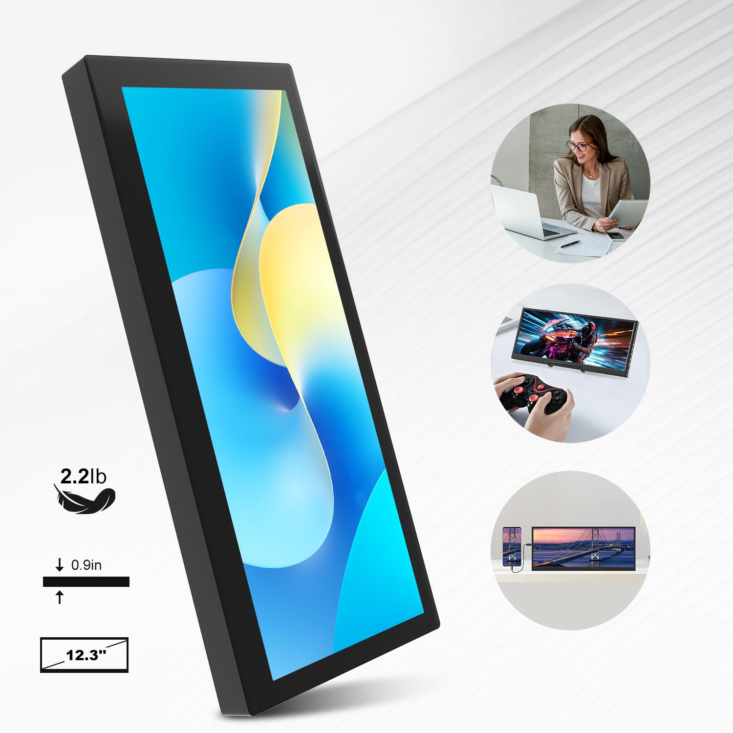 Mini Monitor da 12,3 pollici, 1920x720 Formato Barra Allungata Metallo | Portatile Monitor da Viaggio IPS con Altoparlante, con VESA, HDMI, USBC, per Laptop/Computer/GPU/CPU/RAM