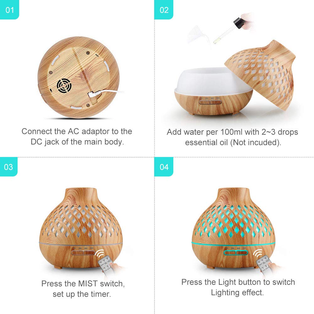 Aroma Diffuser 400ML, Ultraschall Aromatherapie Diffusor, Luftbefeuchter mit Fernbedienung, Automatische Abschaltung bei Wasserlosem Zustand mit 7 Arten LED Lichtfarben für Zuhause Büro Yoga