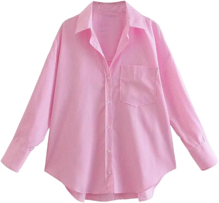 Women Striped Loose Shirts with Pocket for Women, Long Sleeve, Button-Up Blouses, Chic Tops, Female Fashion