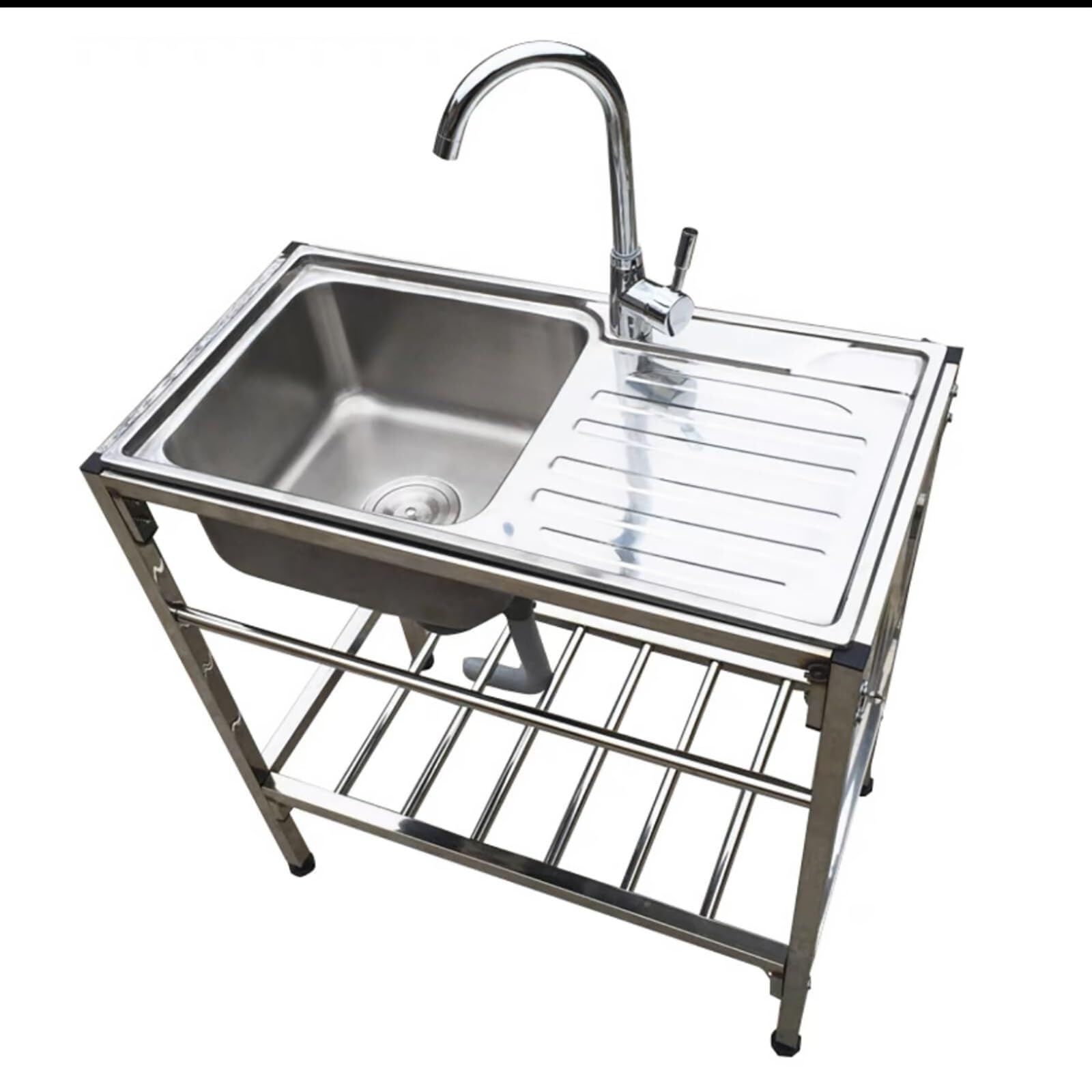 SDdPulse Lavello multiuso in acciaio inox con rubinetto e ripiani portaoggetti, lavello da cucina autoportante per uso interno ed esterno, caldo e freddo, 100 x 50 x 90 cm