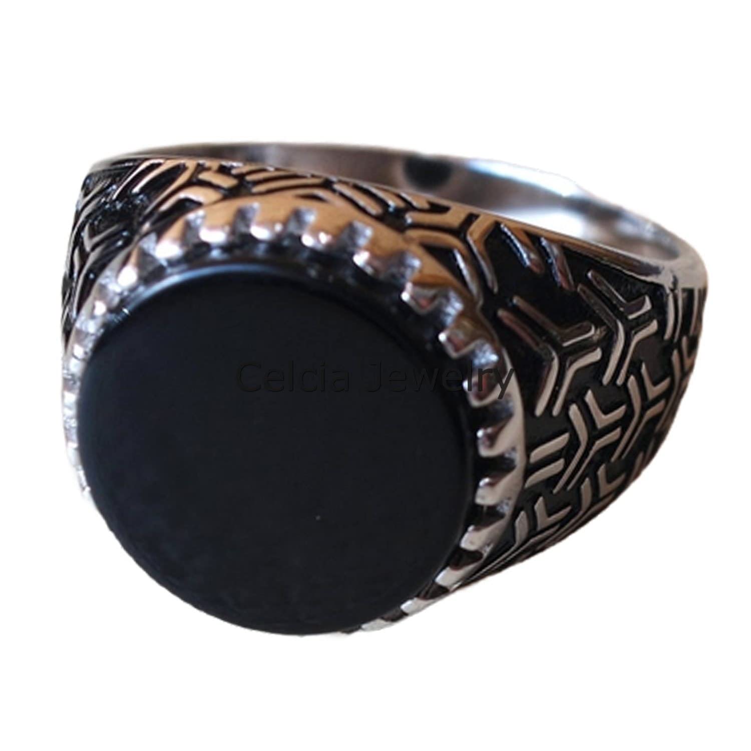 Anillo de hombre redondo plano de piedras preciosas naturales de ónix negro, anillo de declaración de plata de ley 925 real, regalos de compromiso, anillo de regalos de boda antiguos