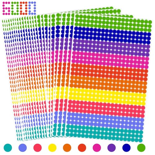 6000 Pcs Gommettes Autocollantes Rondes, 6mm Couleur Codage Étiquettes Pastille Autocollante Ronde, Gommettes Rondes Multicolore pour Calendriers Fournitures de Bureau Ecole Famille-10 Couleurs