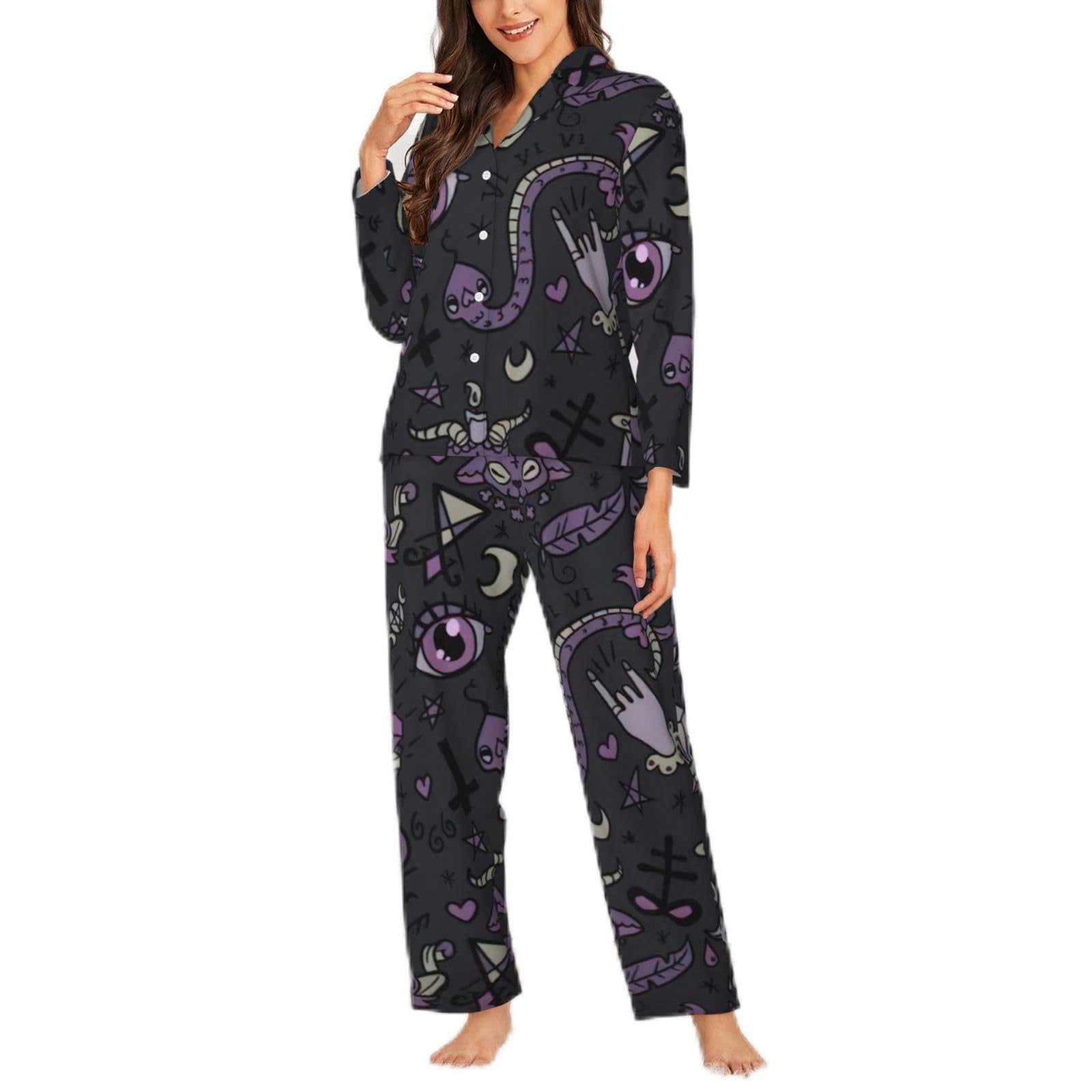 Yyoretp Women's Purple Black Goth Spooky Print Long Sleeve Pajamas Button Down 2 Piece Pjs with Pockets,Warm Sleepwear