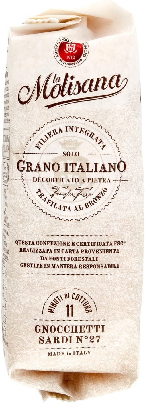 La Molisana Gnocchetti Sardi N.27 Pasta Lenta Lavorazione pasta de sémola de trigo duro, dibujo de bronce, 500 g + 2 polpa italiana gourmet