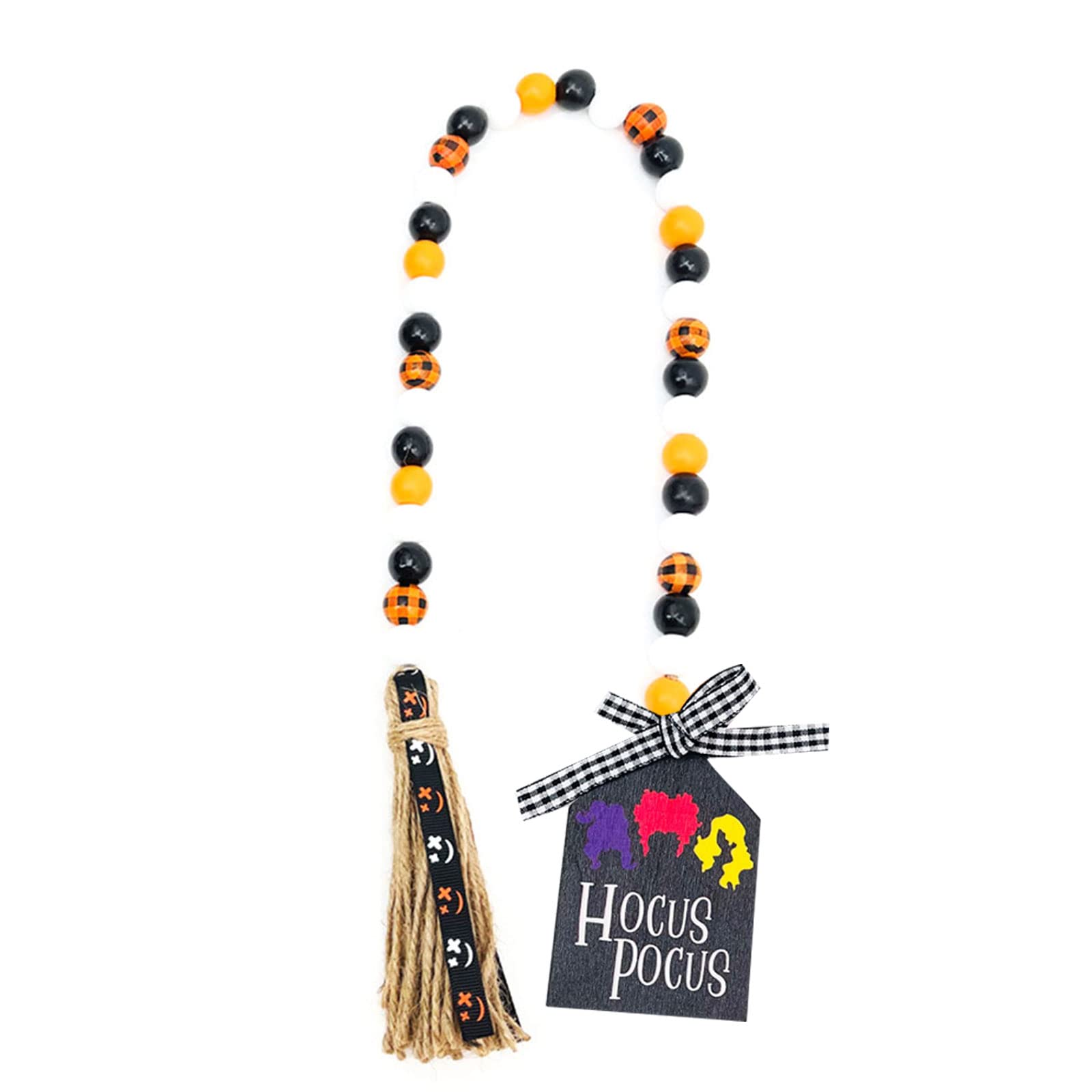 Halloween Wood Bead Garland with Beaded Tiered Tray Decor Prayer Bead Wall Hanging Decor Halloween Party Ornament Wood Garland with Tassels Country Farmhouse Yellow