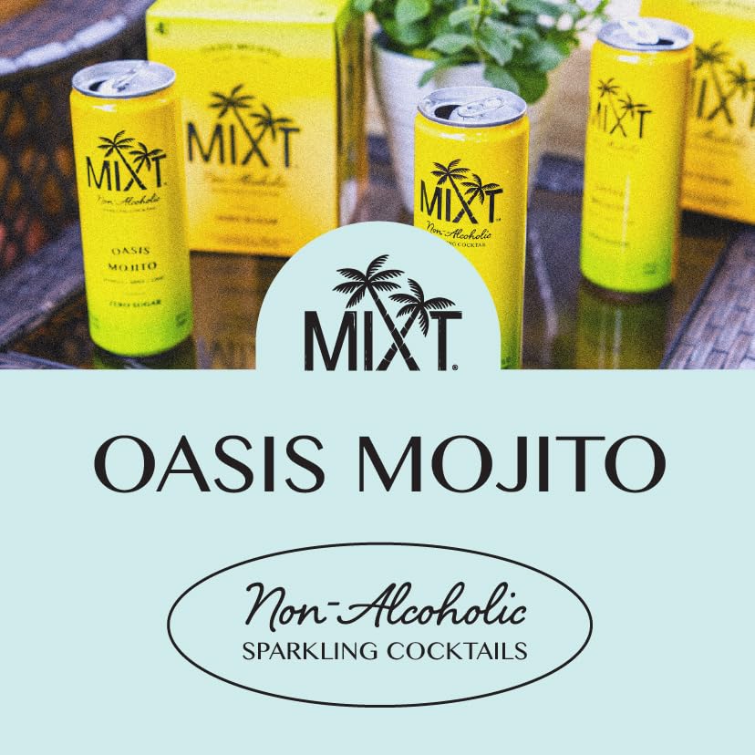 MIXT Premium Sparkling Non-Alcoholic Sparkling Cocktail - Oasis Mojito – Zero Sugar, Ready to Drink, Adaptogens, Nootropics, 2g of carbs or less, Low Calorie, 12oz Cans (Pack of 4)