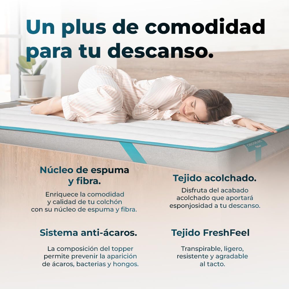 Cecotec Topper Acolchado Flow TopCloud 135x190. Cubrecolchón Sobrecolchón. Espuma Supersuave y Fibra Siliconada de 5 cm de Altura, 4 Correas Elásticas Antideslizantes para una Mejor Sujeción