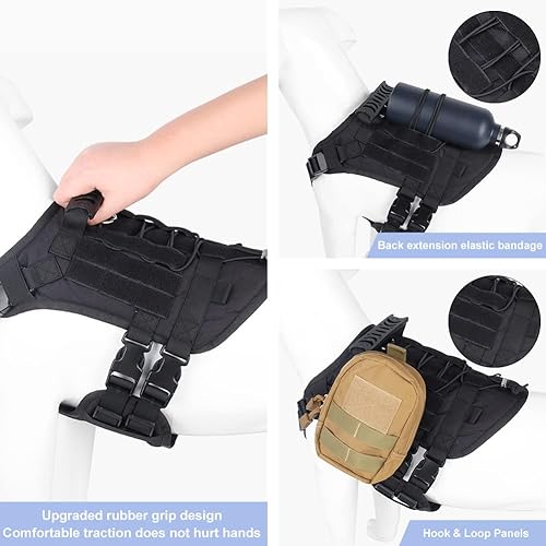 Miniatura 3 de FEimaX Arnés táctico para perro, ajustable sin tirones, arnés para mascotas, arnés de servicio militar con asa, chaleco para perro con paneles de