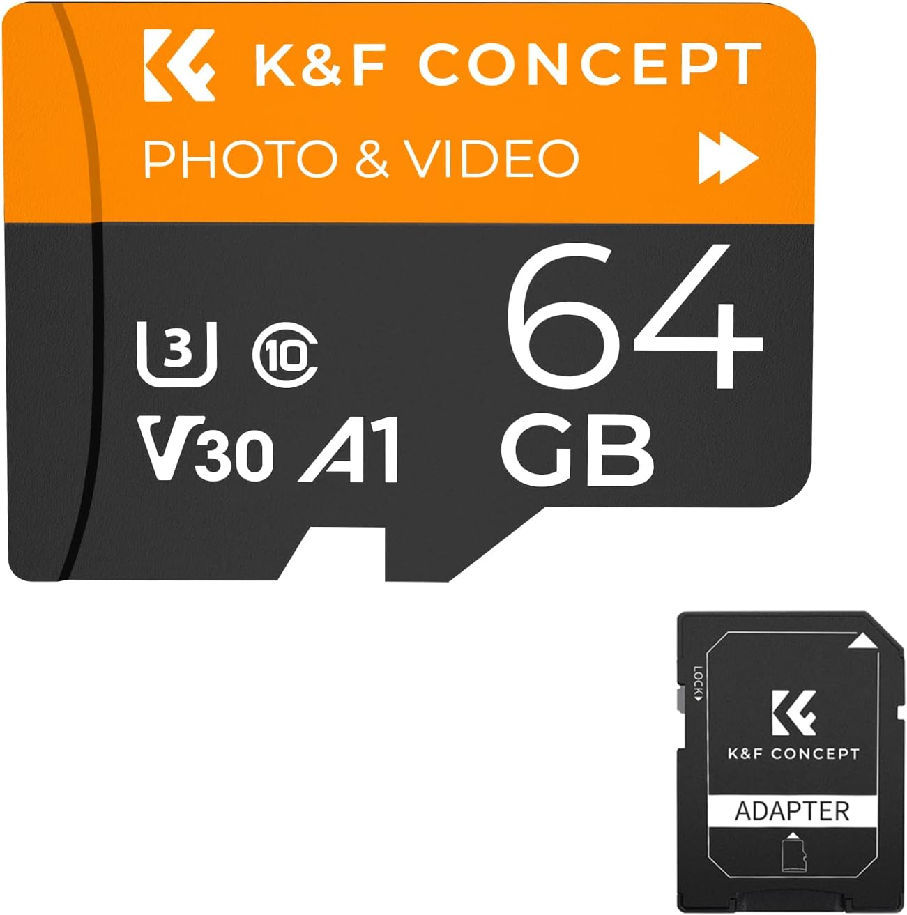 K&F Concept 1 Pack 64GB Memory Card with Adapter, SD Card U3, V30, A1, C10, UHS-1 4K with Adapter for DSLRs/Drone/Webcam/Trail Camera etc