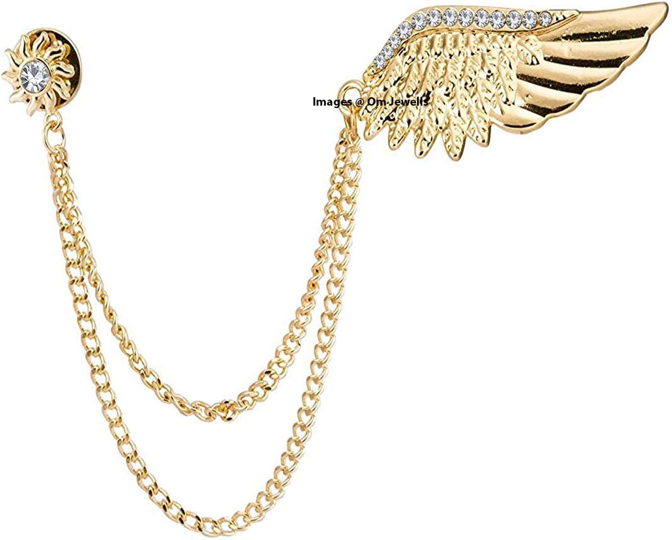 Om Jewells Crystal Jewellery Rose Gold Plated Indo Western Wings Lapel Pin Brooch With Hanging Chain Emblished With Crystal Elements For Boys And Men SP10002009