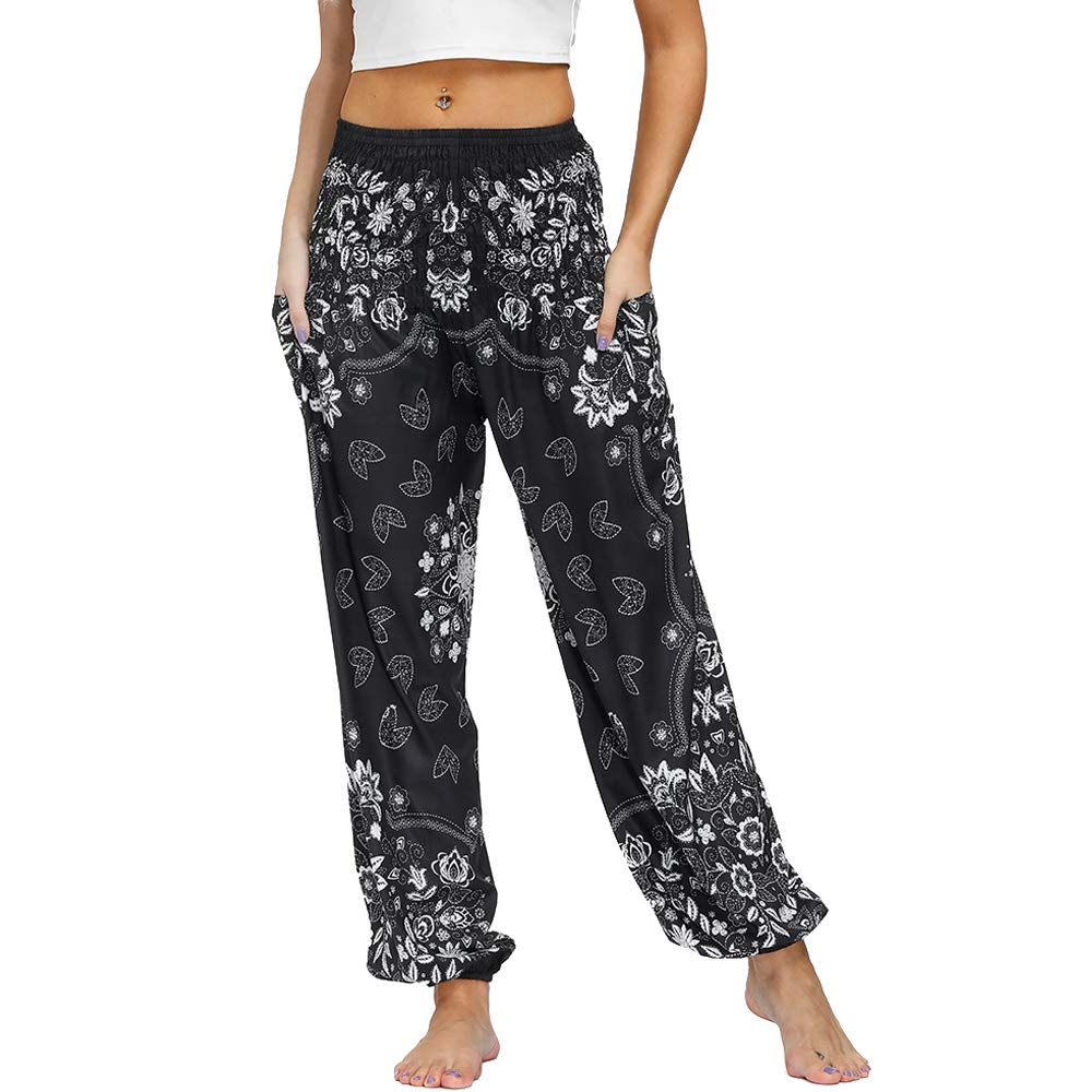 Nuofengkudu Pantaloni Harem Estivi Thai Aladin Stile Boho Vintage Stampa Vita Alta con Tasconi Yoga Pants Beach
