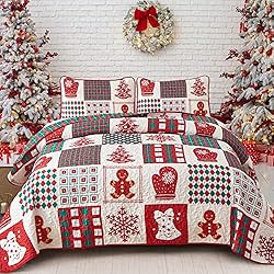 Cubrecama Patchwork WONGS BEDDING Colcha de 240 x 260 cm, diseño de patchwork rojo, doble cara, copo de nieve, para dormitorio, acolchada, con 2 fundas de almohada, 50 x 75 cm
