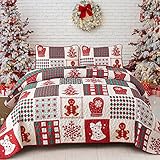 WONGS BEDDING Tagesdecke 240x260 Weihnachts Bettüberwurf Rotes Patchwork Doppelseite Wohndecke Schneeflocke Weihnachten Überdecke für Schlafzimmer Stepp Decke mit 2 Kissenbezüge 50x75cm