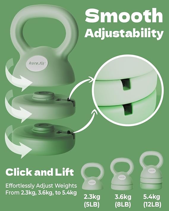 Green Adjustable Kettlebell 2.3 KG to 5.4KG and Pink Pilates Kit Bundle