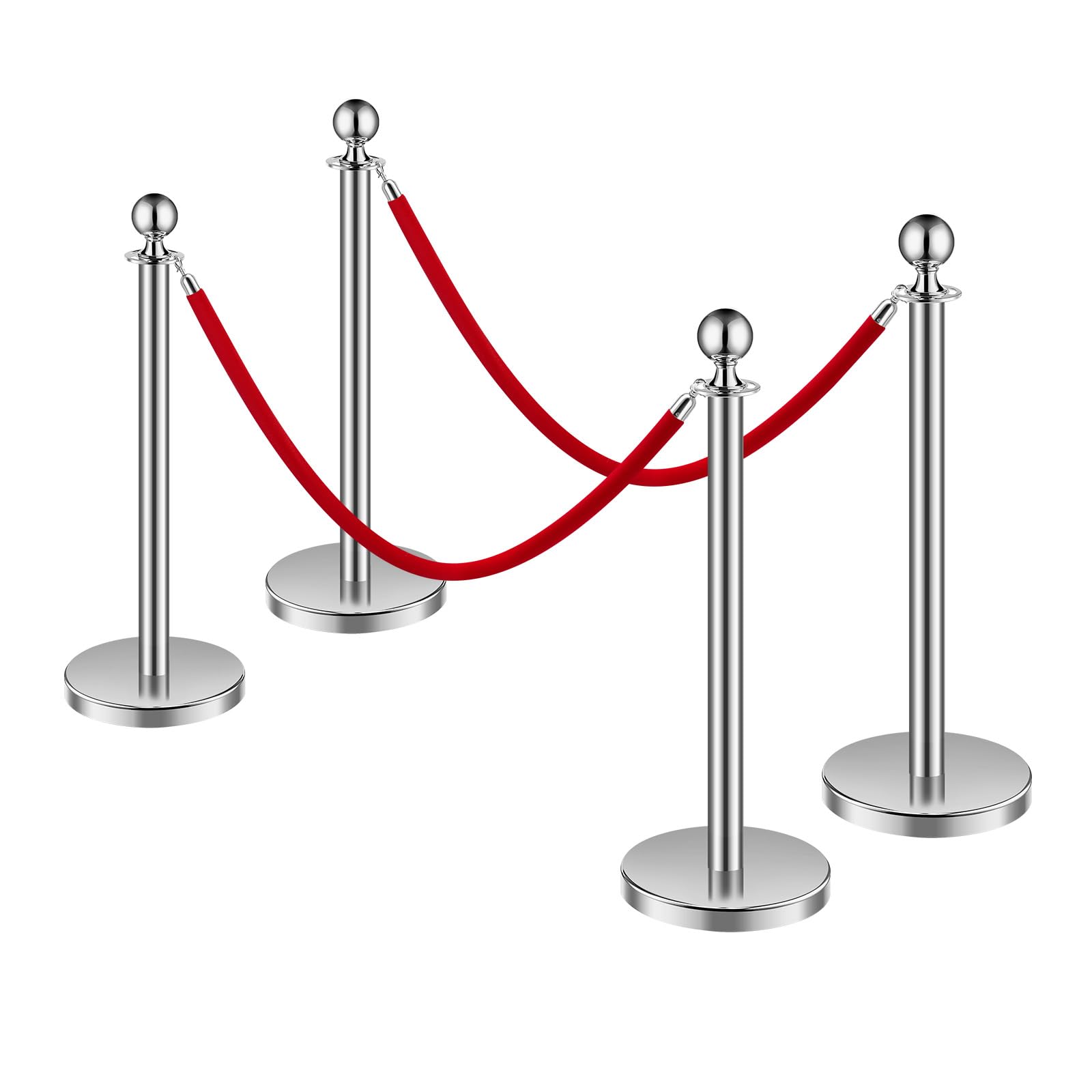 VEVOR Paletto di Sostegno Set di 4 Barriere Controllo Folla Corde Velluto Rosso Acciaio Inox 1,5 m Base Cava