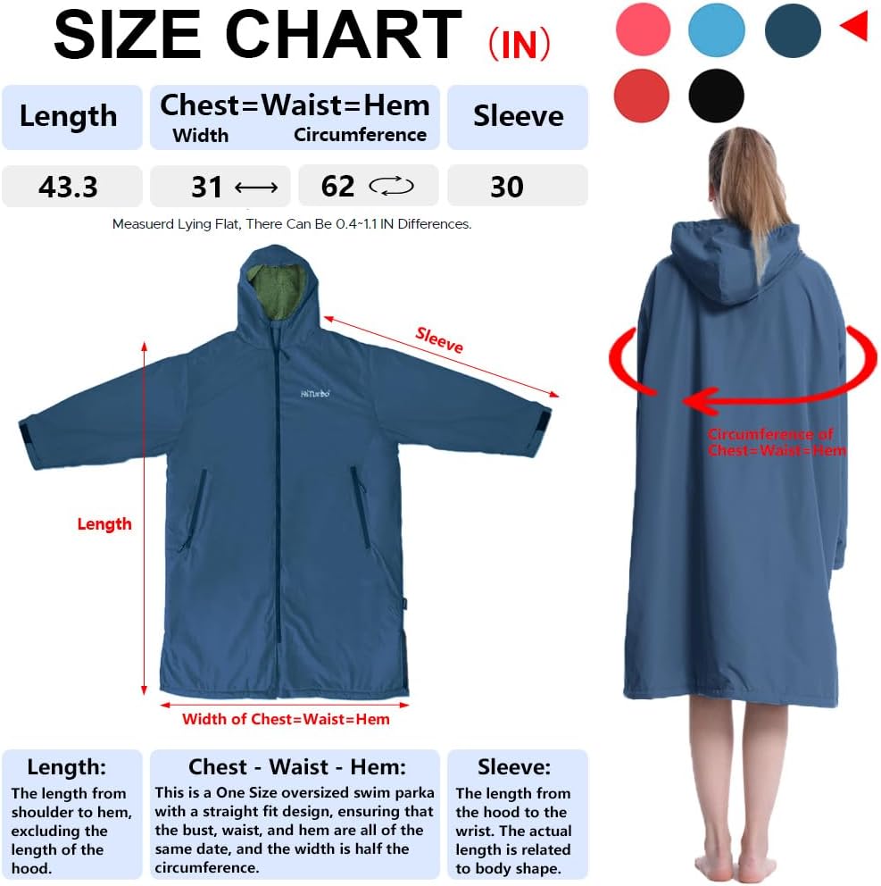 hiturbo warm waterproof swim parka: oversized hooded changing robe - sherpa liner swimming coat - recycled fabric surf poncho navy