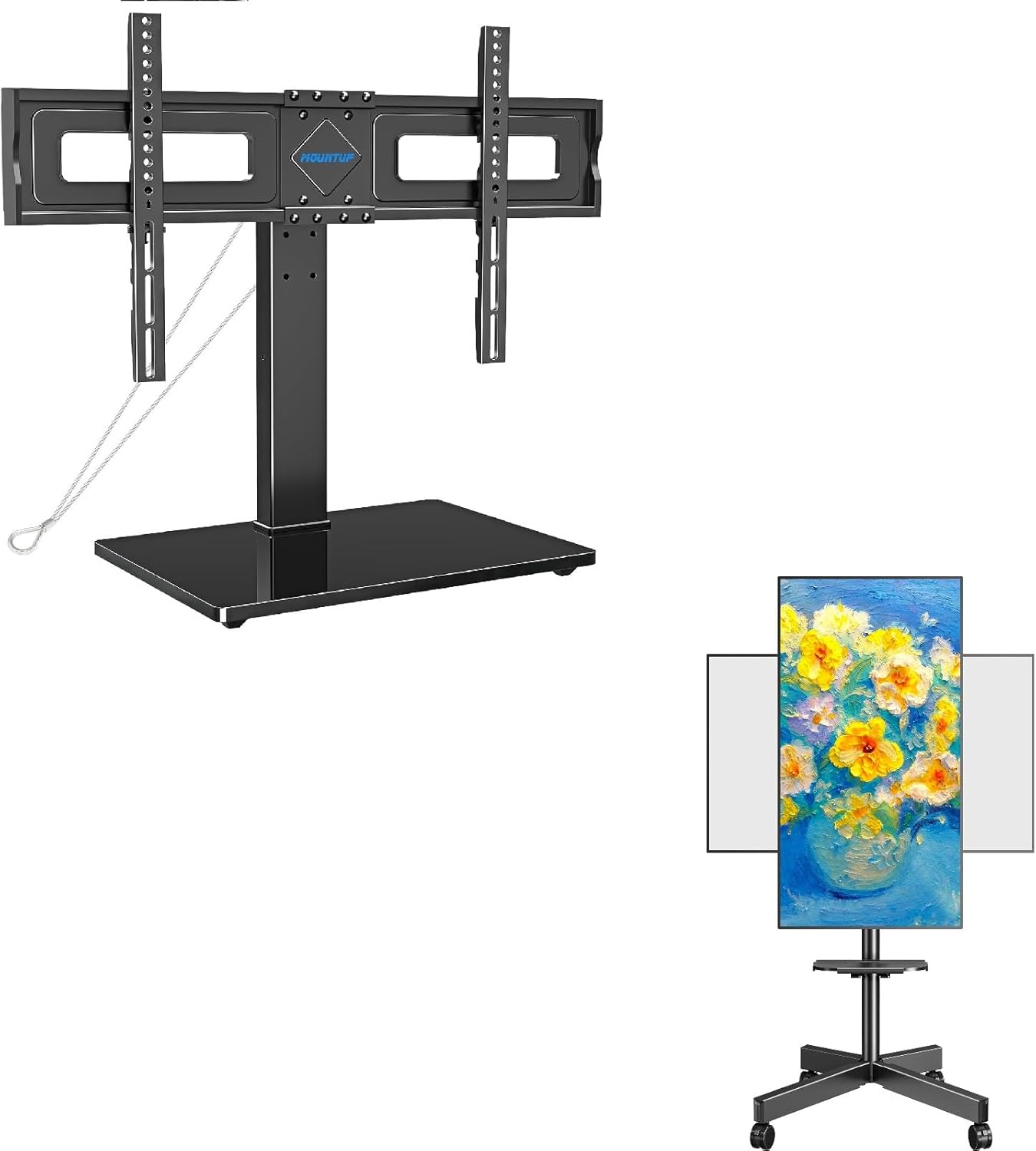 MOUNTUP Rolling Mobile TV Cart TV Floor Stand& Swivel TV Stand Tabletop Bundle