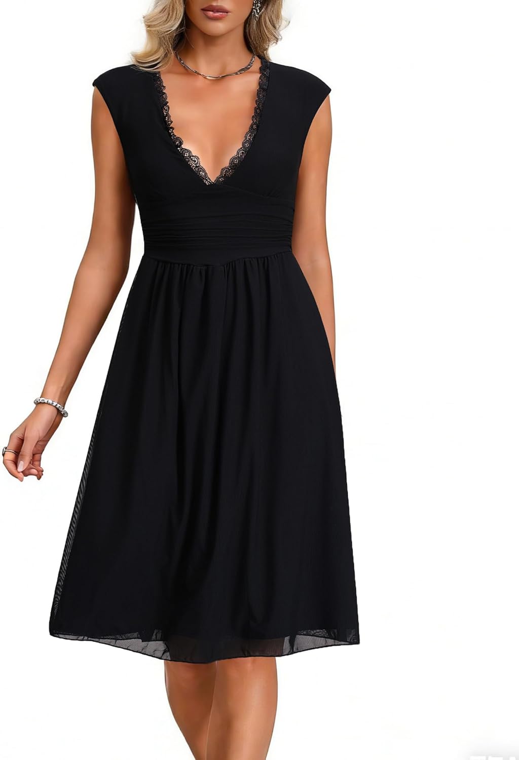 HYPERFIRE Women's Summer V Neck Mesh Dresses Cap Sleeve Ruched Basque Waist A Line Party Dress