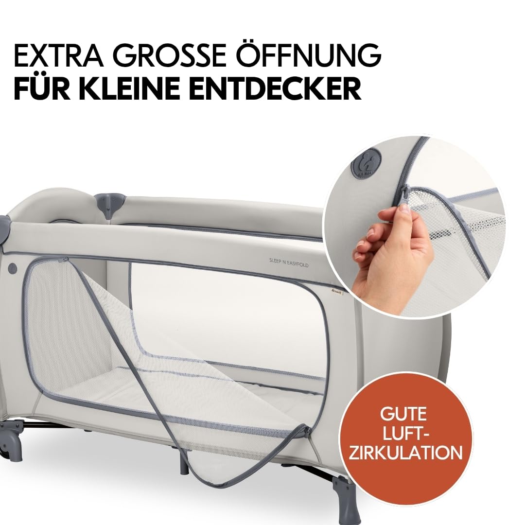 hauck Sleep N Easyfold Baby Reisebett Set- Dark Grey | inkl. Matratze & Insektenschutz | schnell faltbares Kinder Reisebett mit Rollen, Seiteneingang & Transporttasche