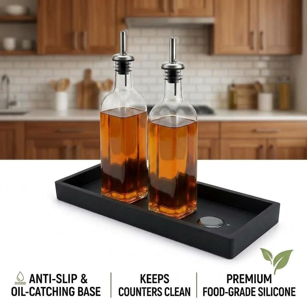 2Pack Oil Tray Kitchen Counter, Keeps Countertop Tidy, Kitchen Silicone Tray for Oil Bottle, Protect Bottles from Cracks and Scratches, for Glass Oils Sprayer and Bottle
