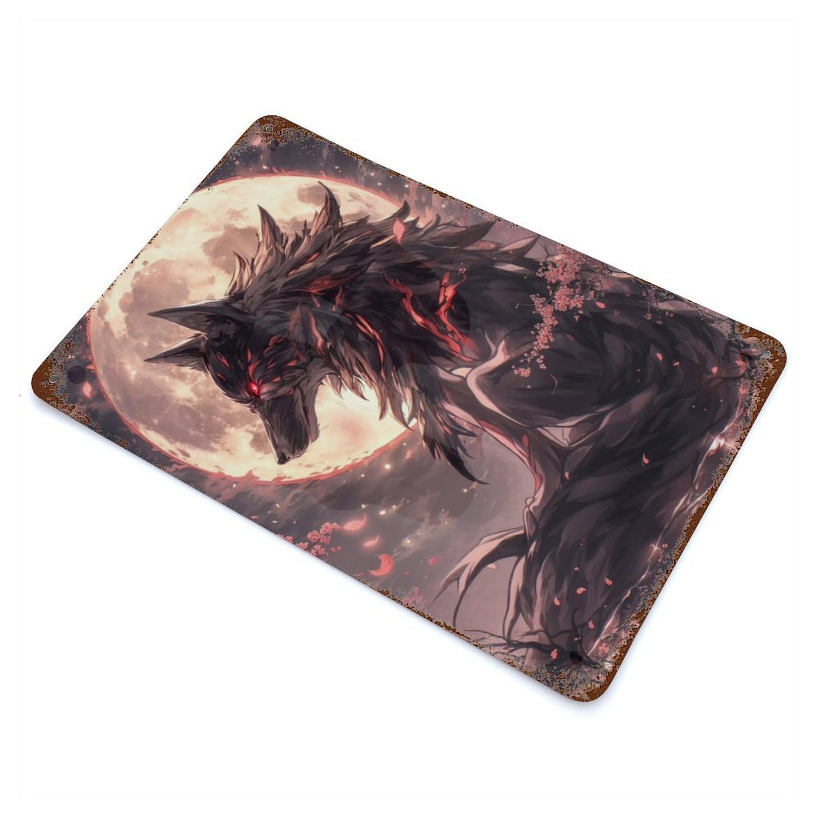 Black Wolf Anime Painting Distressed Metal Wall Sign 11.8"x7.9", Rustic Home Decor for Farmhouse, Kitchen And Entryway Decor