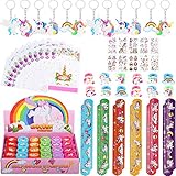 Todo Incluido - 12 Pulseras Bofetada (6 estilos), 12 Anillo Unicornio (6 estilos), 12 Llavero Unicornio(6 estilos), 10 Tatuajes Temporales, 24 sellos unicornio, Bolsa de Fiesta Unicornio.
