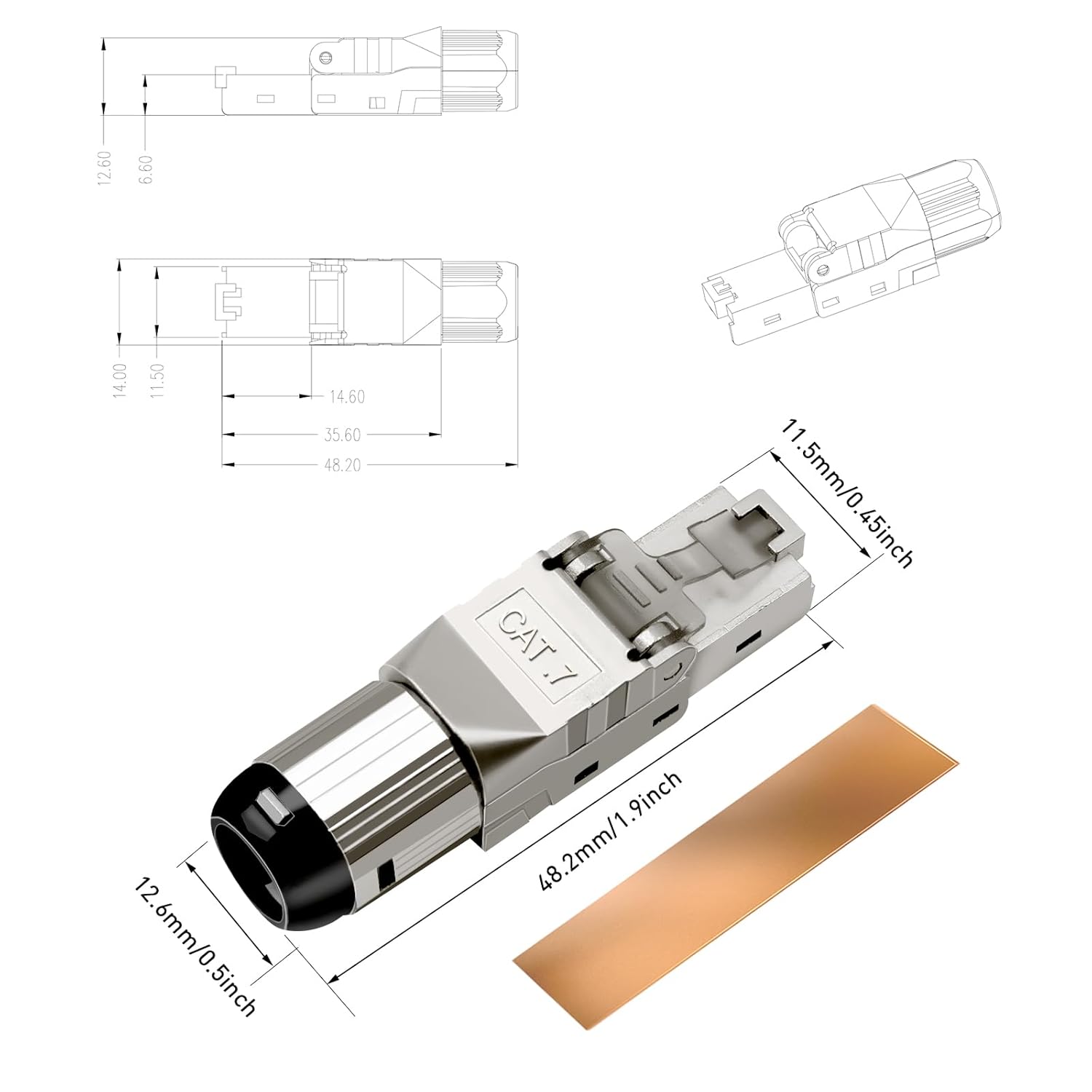 6-Pack Cat7 Cat6A RJ45 Connector, Tool-Free Zinc Alloy Shielded Ethernet Termination Plugs for Cat7 up to 23AWG Solid Bulk S/FTP Ethernet Cable