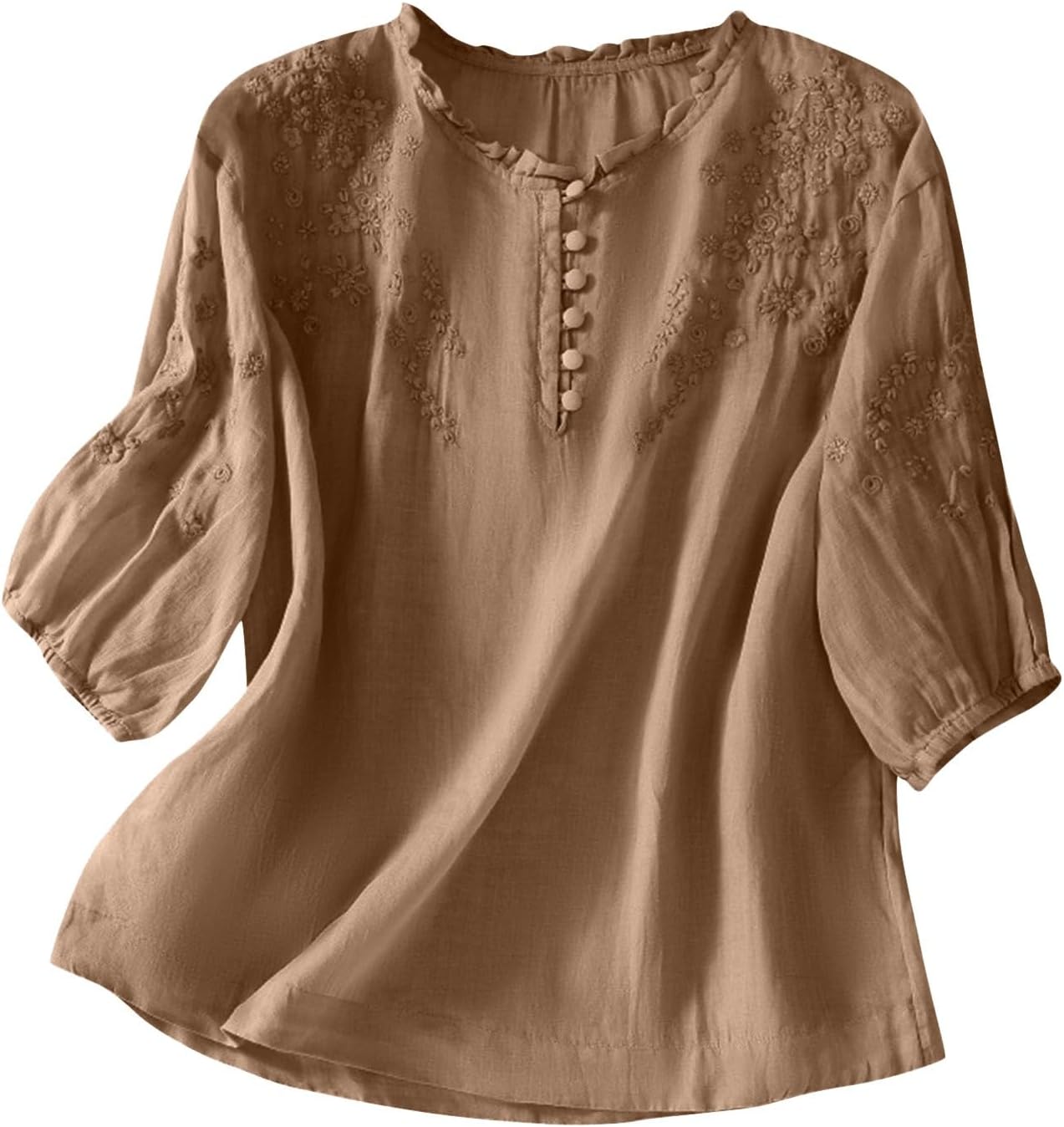 Womens Cotton Linen Button Short Sleeve Shirts Summer Loose Crew Neck Casual Boho Top Vintage Embroidered Blouse