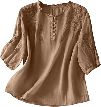 Cotton Linen Shirt for Women 2025 Summer Crewneck Button Embroidered Short Sleeve Boho Blouse Dressy Casual Vacation Top